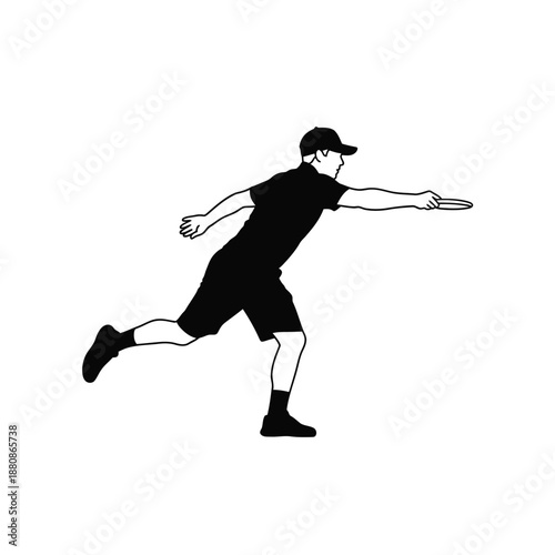 Man in black clothes throwing frisbee silhouette running