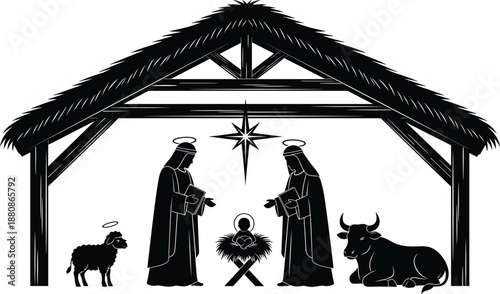 Nativity scene silhouette with baby Jesus, Mary, Joseph, haloed sheep, ox, Bethlehem star, stable structure, religious Christmas theme, flat vector