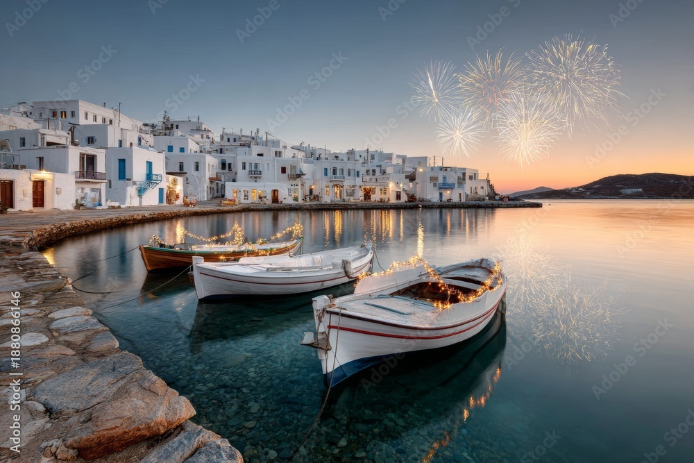 Fototapeta premium Charming harbor scene featuring festive fishing boats adorned with lights, reflecting on tranquil waters, capturing the essence of a picturesque holiday celebration