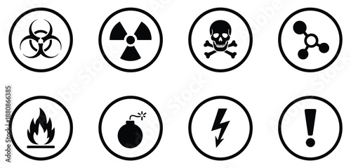 Hazard and danger icon set featuring biohazard, radiation, poison skull, exclamation, flammable, chemical, high voltage, and explosive symbols, suitable for warning signs, safety alerts