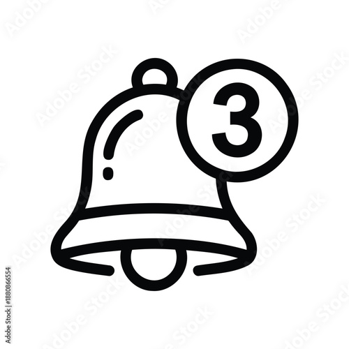 Bell notification icon with number three, depicting new alerts or messages; vector art