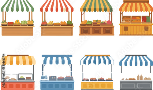 Street Market Stall Vector Set – Awning and Products Illustration