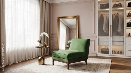 A stylish living room with a green velvet armchair, a large floor mirror, and a white closet with glass doors.