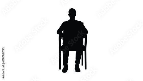 Silhouette of a man sitting centered on a simple wooden chair isolated against a bright white background representing stillness or waiting