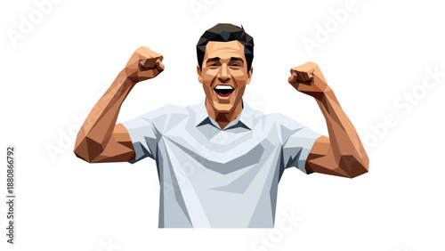 Low poly excited man celebrating in white shirt