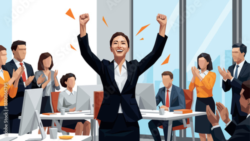 Businesswoman celebrating success in modern office with colleagues applauding