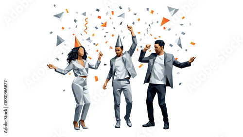 Geometric party celebration: dancing figures with confetti in polygon style
