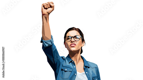 Geometric art of woman raising fist in denim jacket expressing empowerment