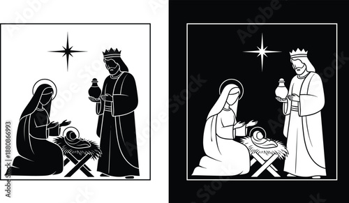 Nativity scene silhouette with Mary, baby Jesus, wise man, Bethlehem star, black and white contrast, religious Christmas theme, flat vector