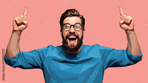 Enthusiastic geometric portrait of bearded man celebrating with raised hands