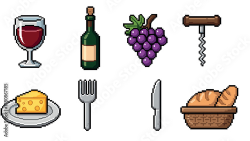 Pixel art wine and dine: glass, bottle, grapes, cheese, and cutlery