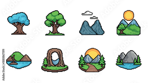 Pixel art nature scene collection featuring trees, mountains, and lakes