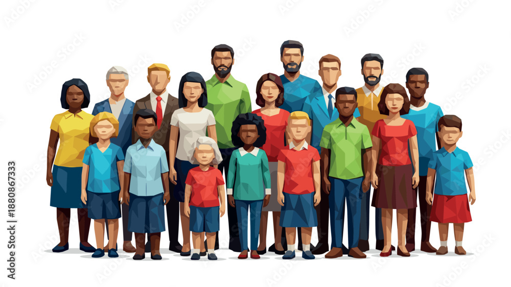 Obraz premium Diverse group of people standing together in low poly style on white background