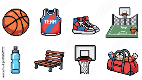 Retro pixel art set of basketball equipment and court essentials
