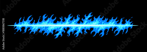 Vector illustration of blue flame border on black background. Flat style design of part of fire frame. Cold color burning flame of line fire