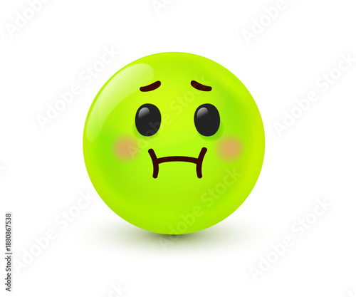 Vector illustration of green emoji face. 3d style design of holding back vomit emoticon. Vomiting face. Funny sick character icon. Disgust mood round emoticon. Facial expression