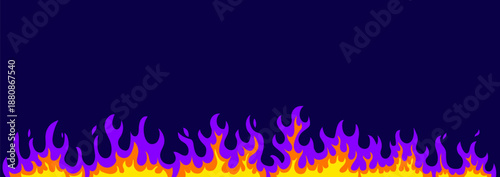 Vector illustration of flame border on dark background. Flat style design of burning purple and yellow color fire frame. Blazing flame of fire