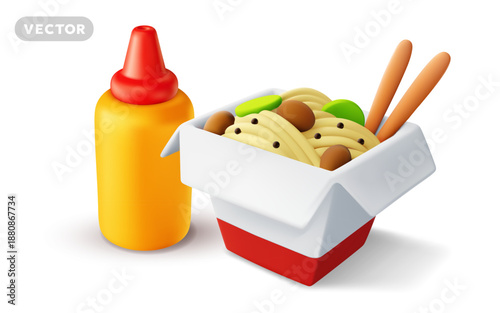 Vector realistic illustration of asian meal with noodles and chopsticks in box. Tasty noodles with meat in cardboard box and soy sauce. 3d style design of asian dish with bottle of soy sauce