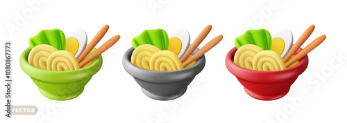 Vector set of illustration of asian meal with noodles and egg in bowl. Tasty noodles soup and chopsticks. 3d realistic style design of traditional asian dish. Japanese or korean fast food