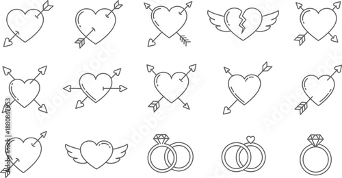 Collection of cute tattoo style line art icons featuring various hearts pierced by arrows, broken hearts, winged hearts, and intertwined wedding rings for romance