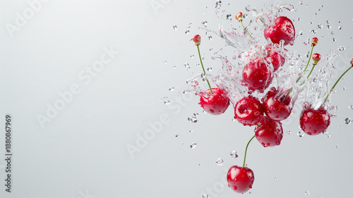 Fresh cherries splashing into water with droplets frozen in motion