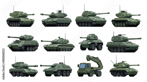 Military tank collection: detailed army vehicle designs in flat style