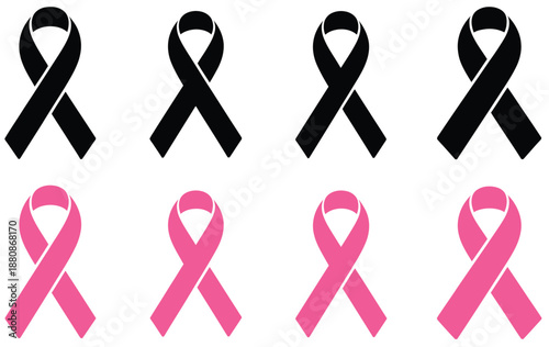 Cancer awareness ribbon icons vector collection, featuring pink breast cancer ribbon and other awareness symbols, ideal for medical campaigns, nonprofit awareness programs, health education materials,