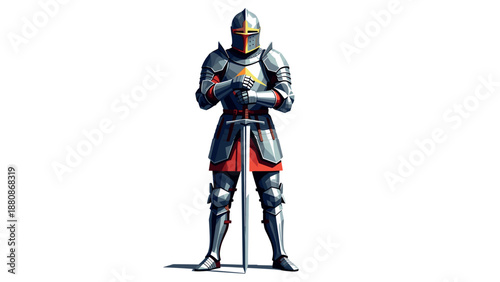Medieval knight in armor standing with sword in geometric style art
