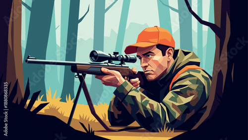 Hunter in forest: camouflage and precision in an autumn woodland scene