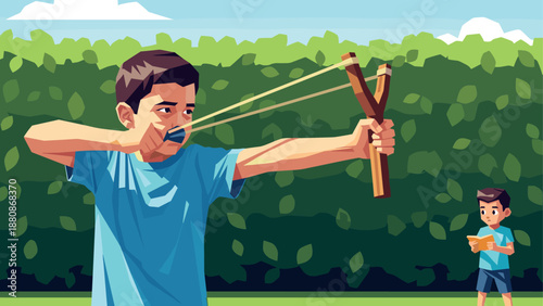 Boy playing outdoors with slingshot near friend reading in park setting