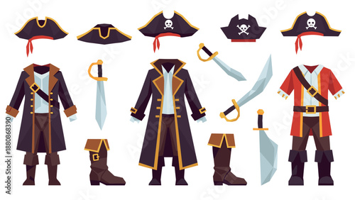 Flat design pirate costumes and accessories set with hats and swords in a cartoon style