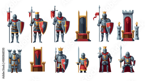 Medieval knights and thrones collection with swords and shields in cartoon style