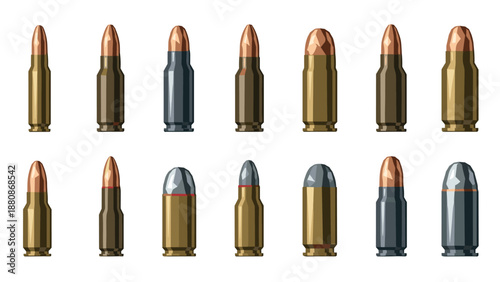 Collection of various bullet cartridges in detailed flat design