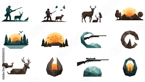 Geometric nature scenes with hunters, wildlife, and sunset in minimalist style