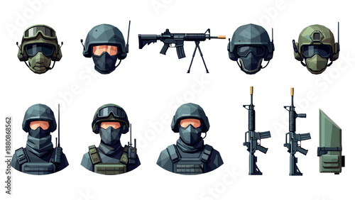Modern tactical gear and military weapons collection