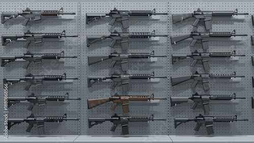 Realistic rifle display with diverse models on wall rack