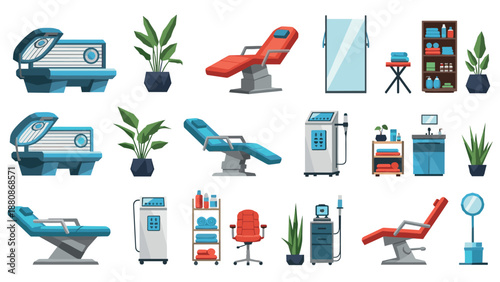 Modern spa and salon equipment collection with plants and furniture