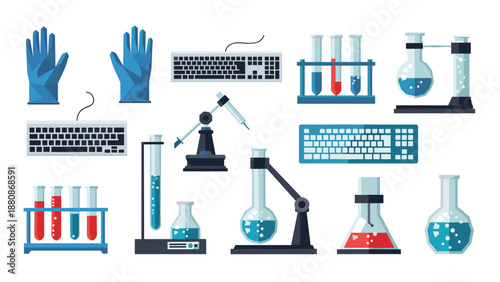 Laboratory equipment collection featuring test tubes, keyboards, and gloves in flat design