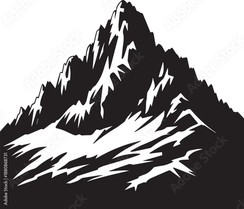 Artistic black mountain silhouette with sharp jagged peaks isolated on white background.