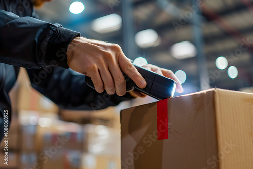 Worker scanning barcode on cardboard box in warehouse inventory process