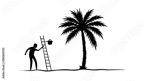 A silhouette of a man using a ladder to reach dates on a tall palm tree