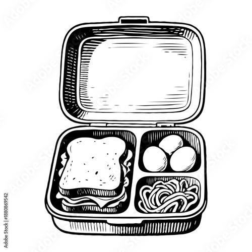 Hand-drawn lunchbox containing sandwich, eggs, and noodles, sketched in black ink on white background, concept of packed meal or lunch food