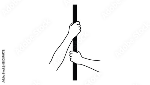 Black and white of two hands gripping a vertical pole
