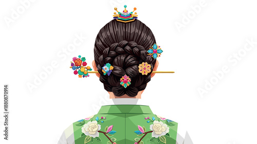Traditional korean hairstyle with floral accessories in modern flat design