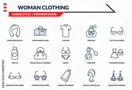 woman clothing icons set - shoulder length, fashionable hand bag, bottle, creme container black, dangling earrings outline vector collection.