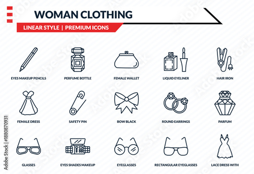 woman clothing icons set - eyes makeup pencils, perfume bottle, female dress, eyeglasses, lace dress with belt outline vector collection.