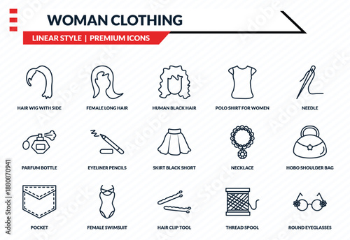 woman clothing icons set - hair wig with side, female long hair, parfum bottle, hair clip tool, round eyeglasses outline vector collection.