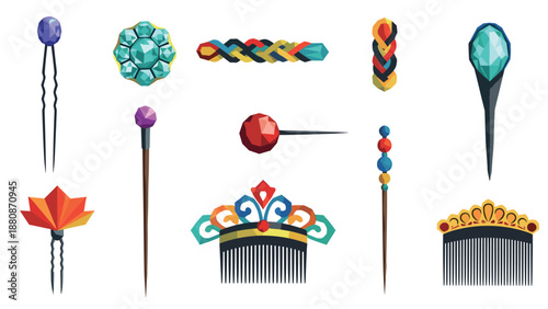 Vibrant geometric hair accessories featuring gemstone pins and colorful combs