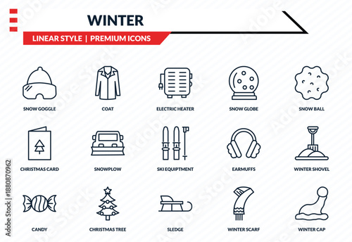 winter icons set - snow goggle, coat, christmas card, sledge, winter cap outline vector collection.