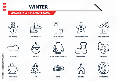 winter icons set - snowman, snowshoes, bobsled, logs, winter tire outline vector collection.